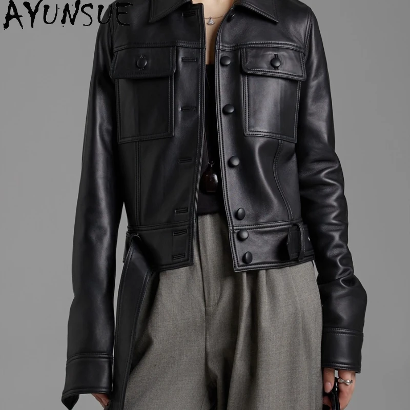 AYUNSUE 本革ジャケットの女性 2025 リアルシープスキンレディースコートベルト春秋服ショートスタイル Jaqueta デ Couro
