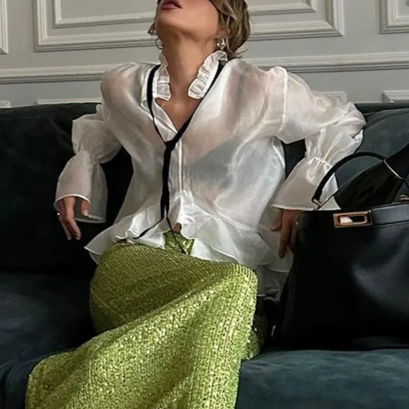 Fashion See Through White Shirt Women Flare Sleeve Oversized Sexy Smock Tops Women Elegant Blouse Shirts Chic Women Clothing
