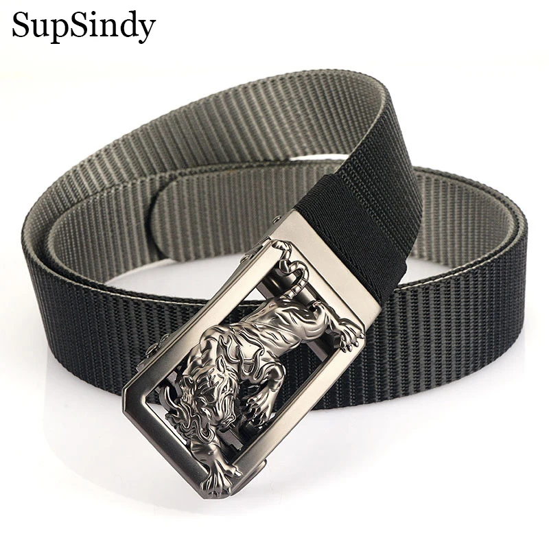 

SupSindy Man Double-sided Nylon Belt Tiger Rotate Metal Automatic Buckle Canvas Belts for Men Jeans Waistband Bicolor Male Strap