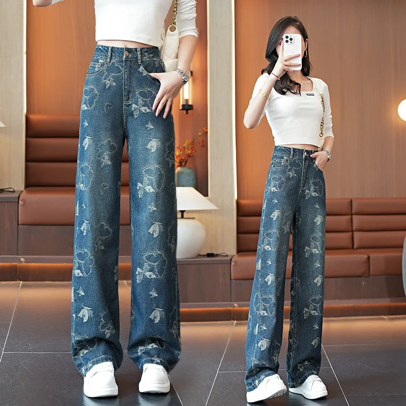Damskie spodnie jeansowe z wysokim stanem i szerokimi nogawkami, jesienne, nowy amerykański styl, wąskie szerokie nogawki, żakardowe spodnie jeansowe w motyle, proste spodnie dżinsowe.