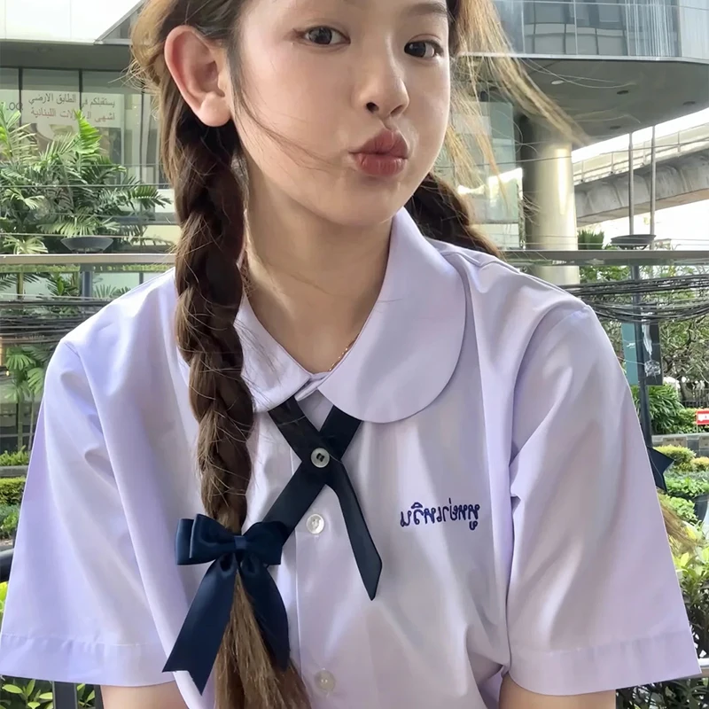 Men/Women JK Uniform Thai Style School Uniforms Short Sleeve White Shirt/Light Purple Shirt Preppy Style Pleated Skirt w/bow Tie