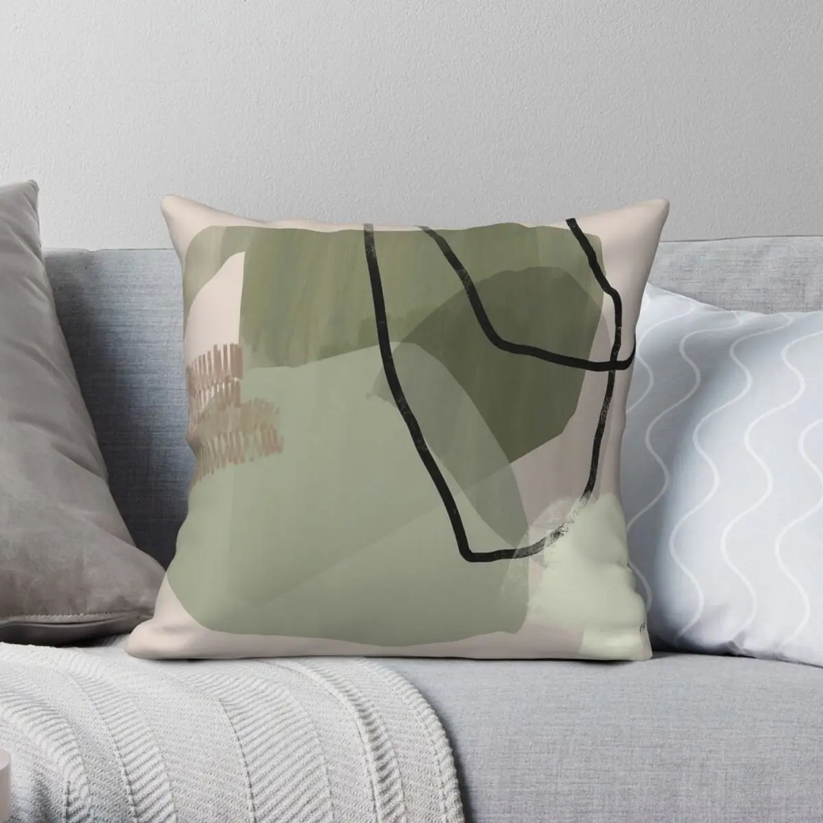 Sage Green Neutral Square Pillowcase Polyester Linen Velvet Printed Zip Decor Sofa Seater Cushion Case 45x45