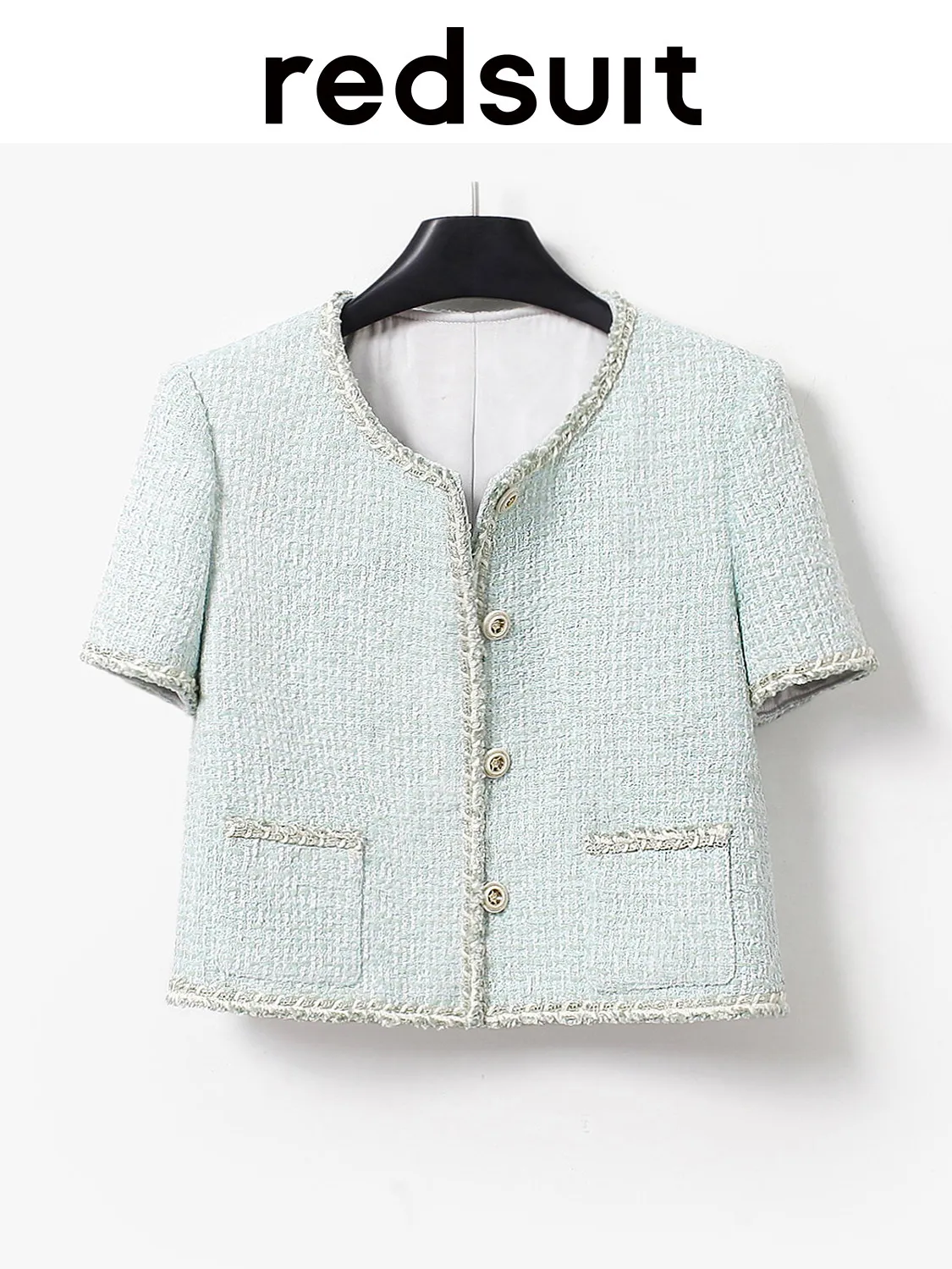 New Fresh green lightweight tweed jacket, fashionable round neck short sleeved top Custom Sizes