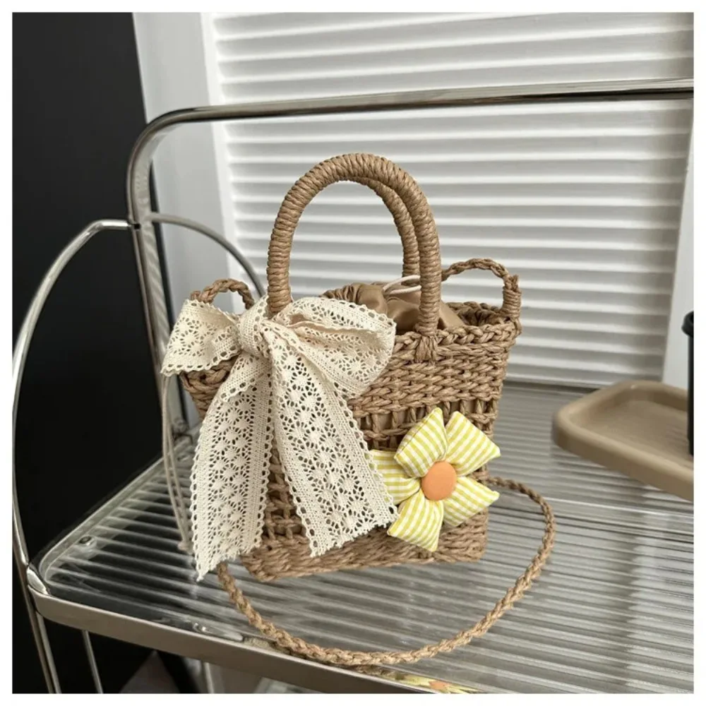 

Высококачественная кружевная сумка с бантом, дакроновая квадратная форма, соломенная сумка, маленькая сумка-ведро