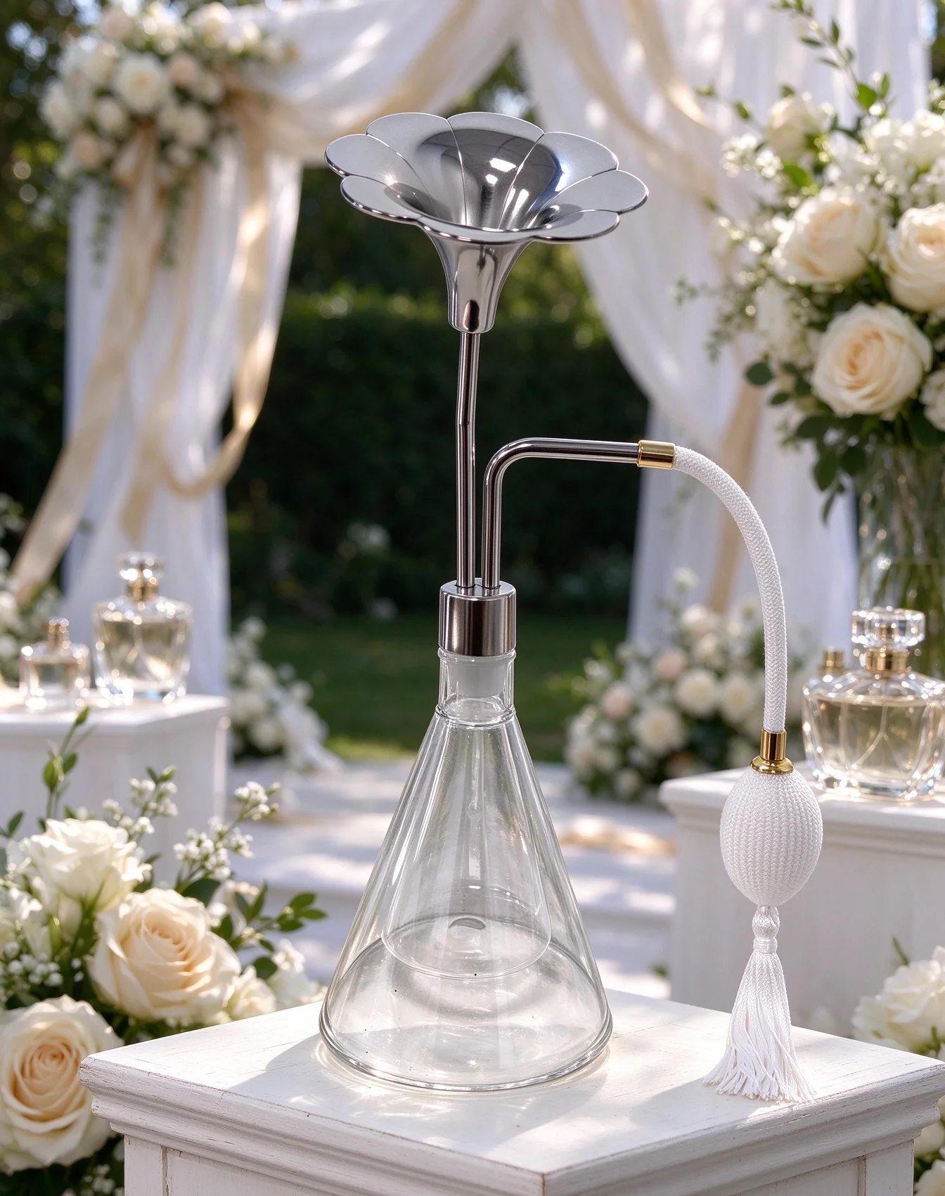 Smell Bottle Flower Shape Silver 80ml 300ml 500ml Glass Bottle With White Long Airbag For Wedding Event Perfume Shop
