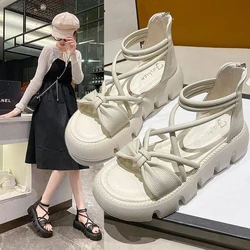 Round Toe Sponge Cake Thick Soled Women'S Sandals 2024 Summer New Korean Version Cross Strap Back Zippered Roman Shoes