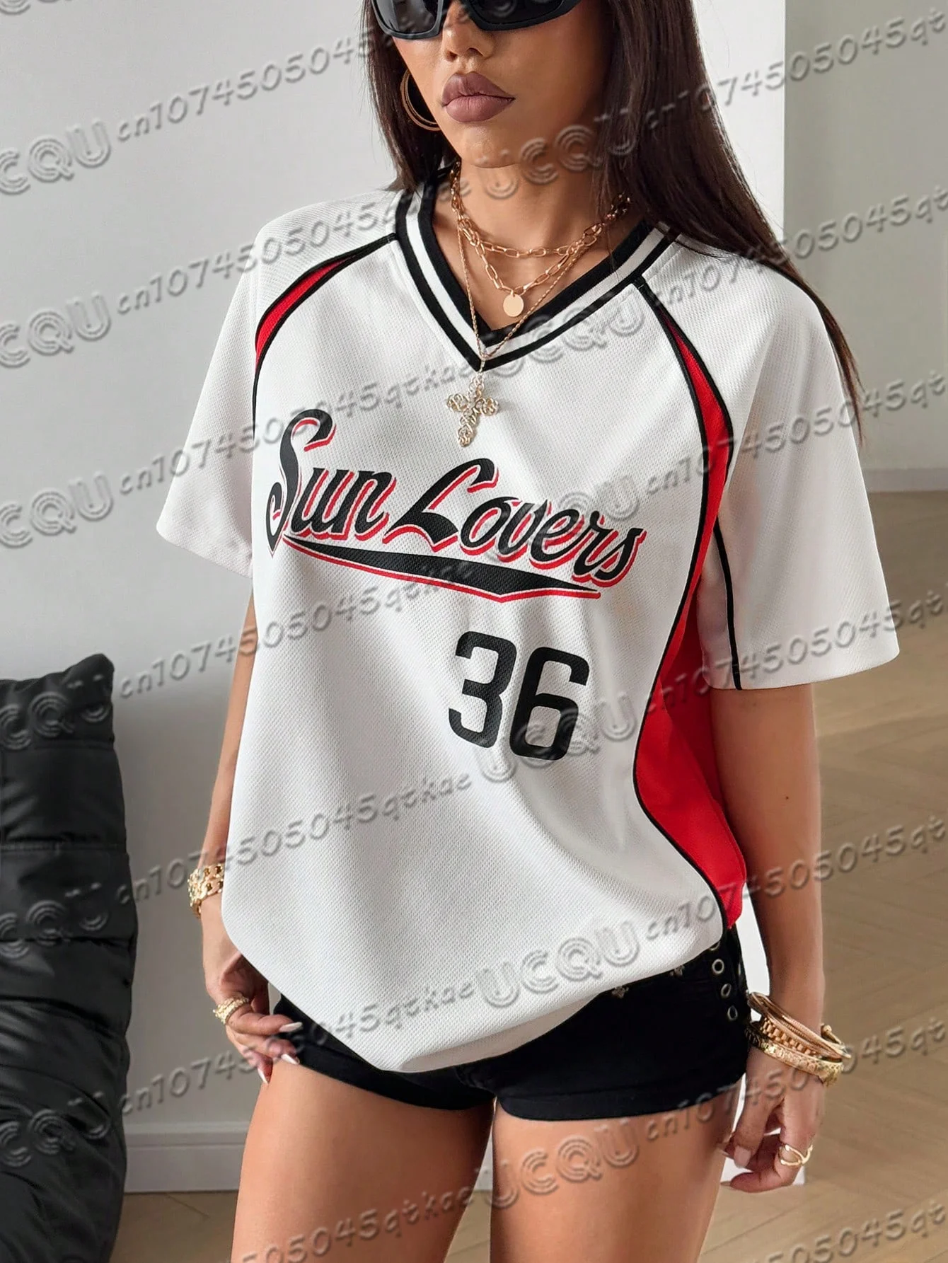 

Sunlovers Sports Vacation Jersey T-Shirt Women'S V-Neck Loose Polyester Fabric Short Sleeved Fashionable Streetwear Women'S Top