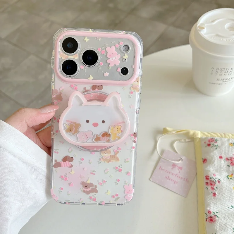 

Luxury cute Flower Rabbit holder clear Phone Case For iPhone 14 15 16 17 Pro Max X Funny Cartoon Shake Rabbit Magnetic Cover﻿﻿