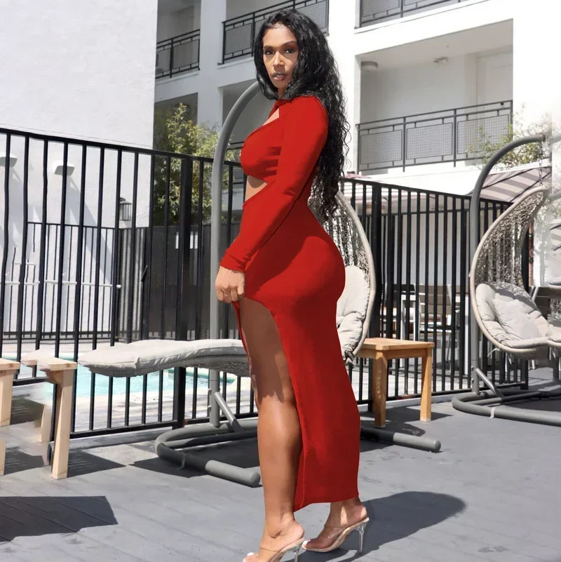 GUWU Sexy High Split Maxi Dress Women Evening Party Cut Out Long Sleeve Bodycon Dress Elegant Club Rave Festival Birthday Dress