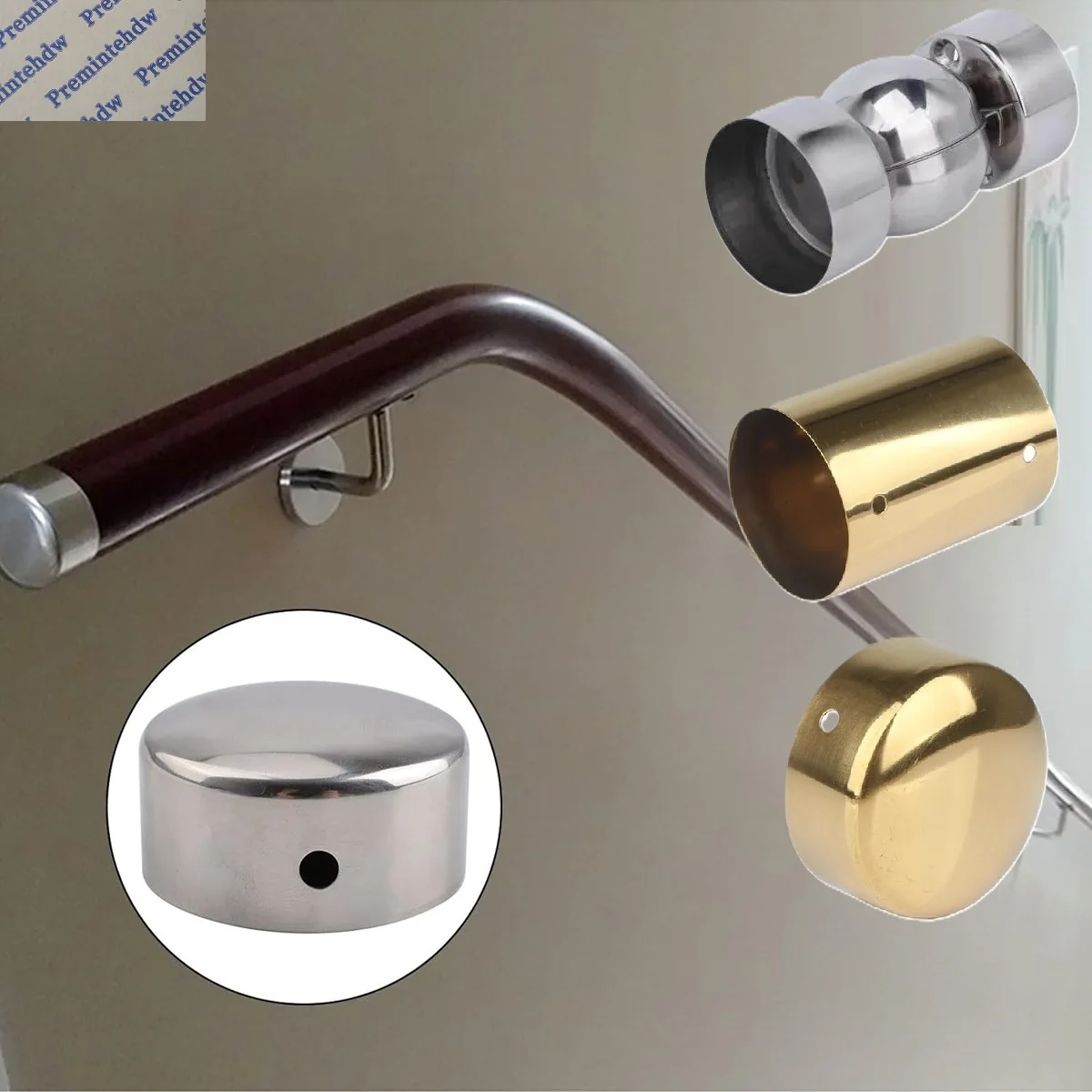 4Pcs Stainless Steel Dia.50mm Railing End Cap Adjustable Elbow Straight Connecting Polymer Wooden Balustrade Handrail