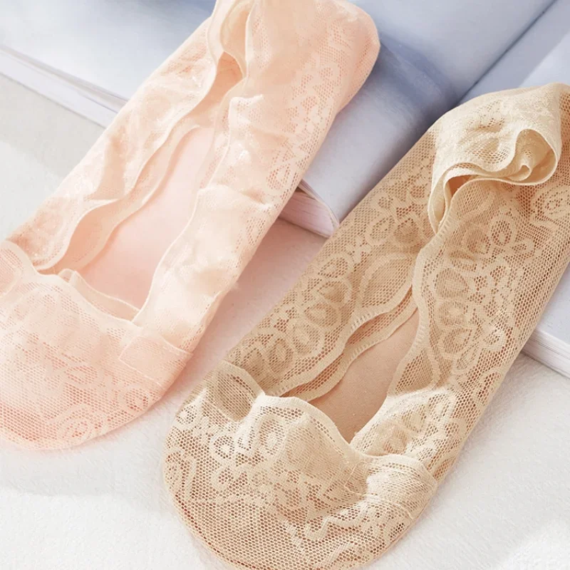 5pairs Women Cotton Sole Invisible Anti-slip Slippers Ankle Socks Lace Socks Women Summer Girls No Show Socks Non-slip