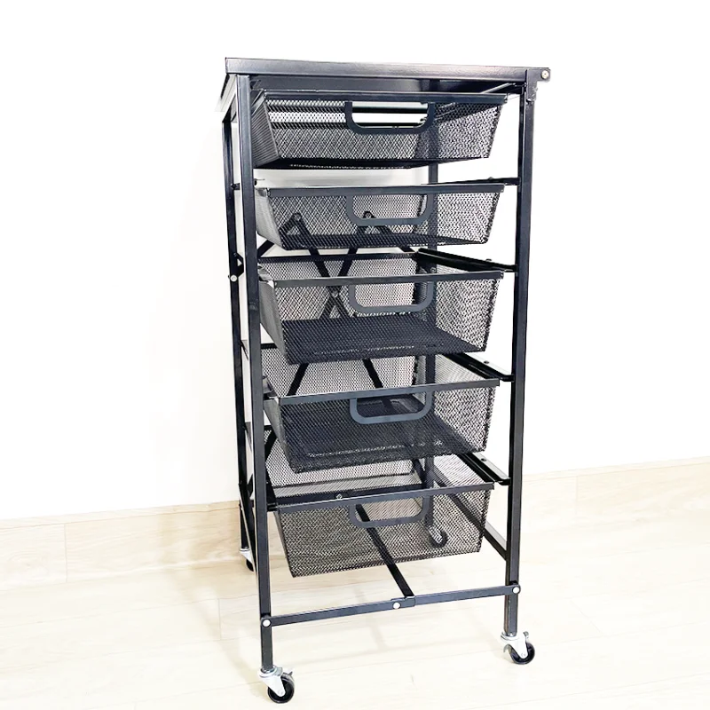 Customize Rotating Kitchen For Fruit Vegetable Floor 5-layer Storage with drawer Rack Black Square organizer Fruit Trolley cart