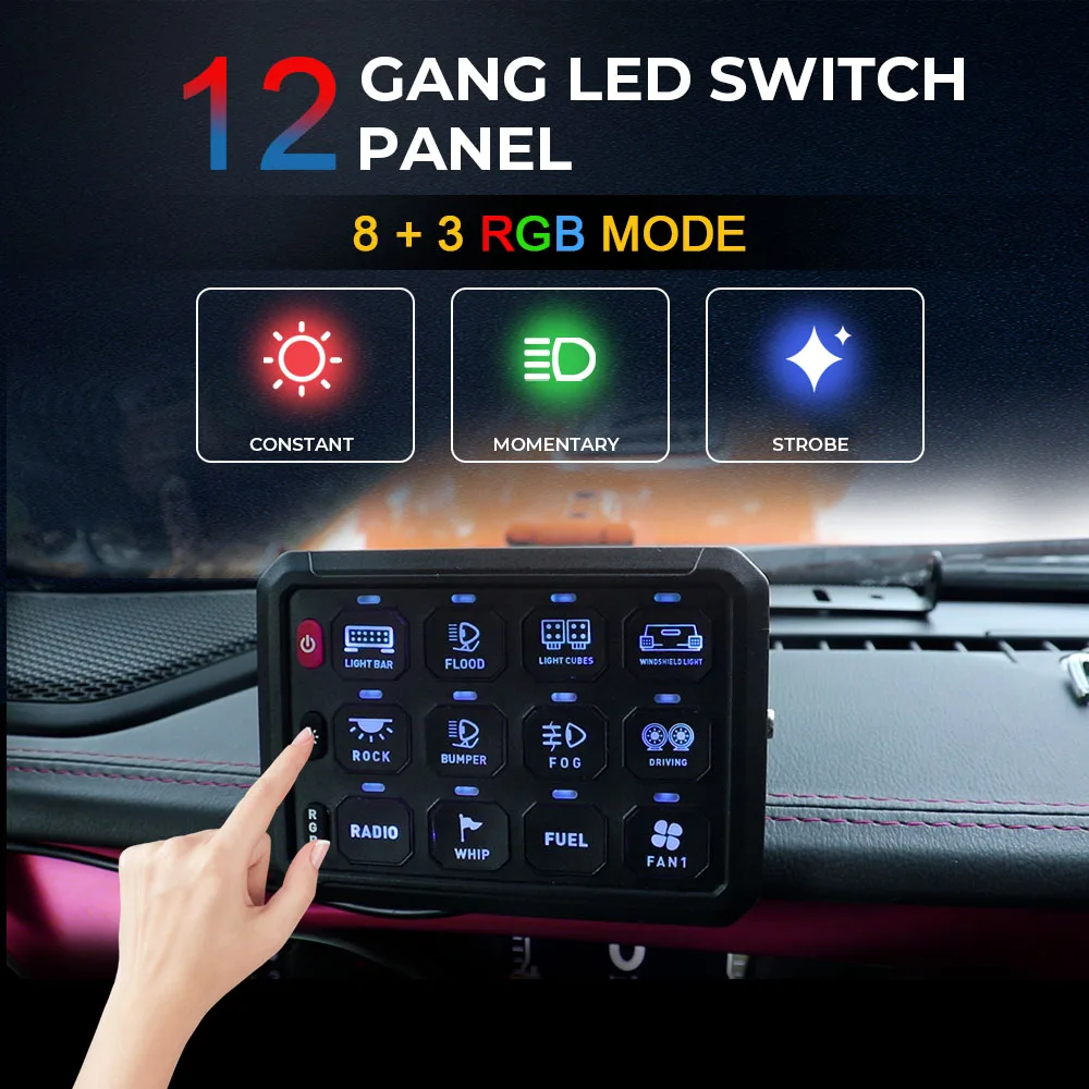 Multifuncional LED Trabalho Light Bar Switch Box, 12 Gang, Painel RGB, Switches, Box, Controlador para carros universais, caminhão, barco, UTV, 4X4,