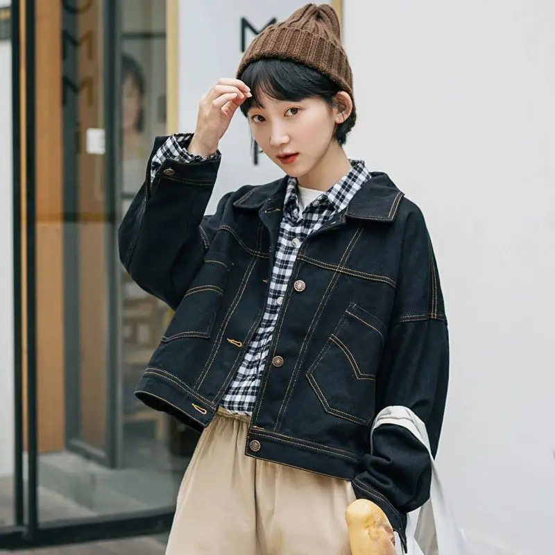 여성용 긴팔 데님 코트, 라펠 탑, 버튼 포켓 재킷, 모노크롬, 캐주얼, 루즈한 아우터, 봄, 가을