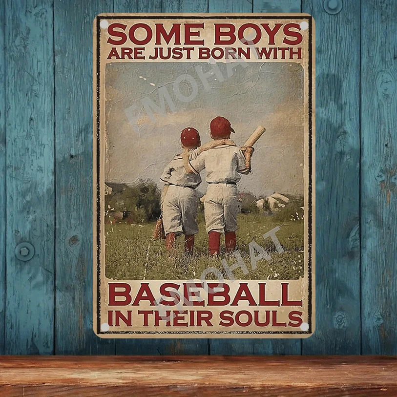 Retro 2D Flat Metal Sign Baseball Theme Some Boys Are Born with Baseball in Their Soul Tin Plate Wall Art for Game Room Man Cave