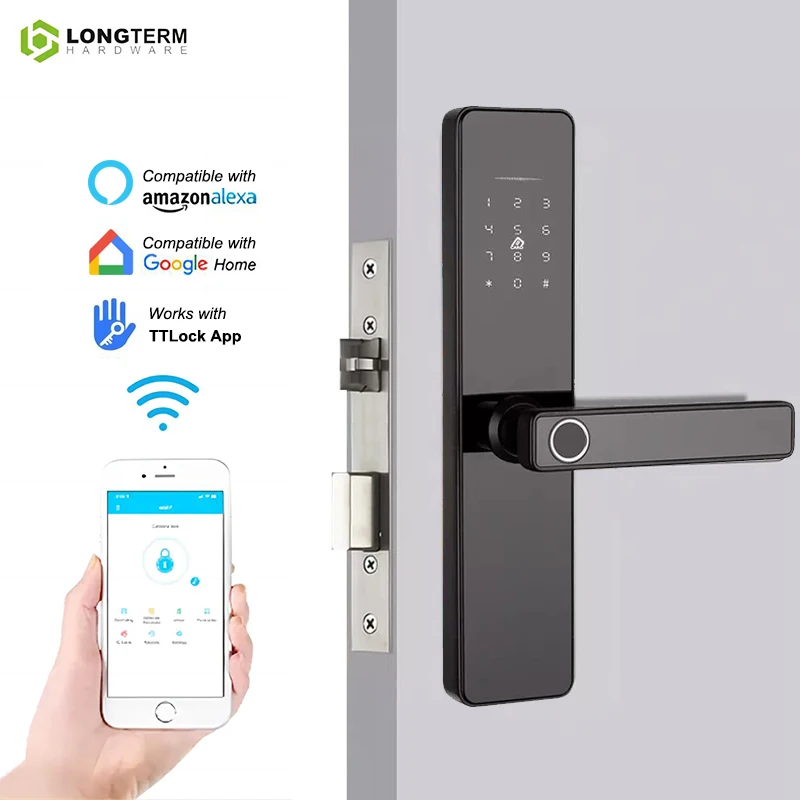 LONGTERM-Smart Home Eletrônico Digital Door Lock, ao ar livre biométrico, alça de impressão digital, trava de segurança, Wi-Fi Smart Lock