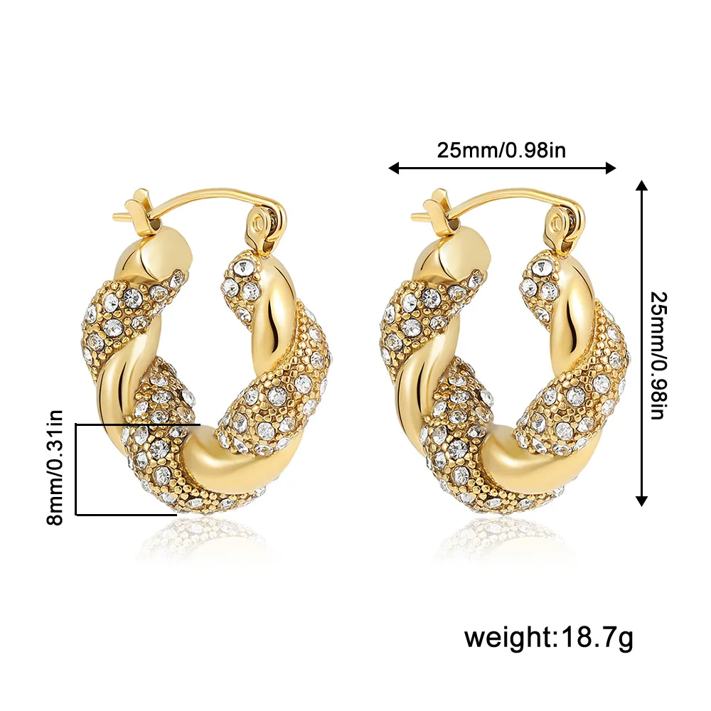 Stainless steel plated 18K gold kink earrings inlaid with diamonds and twist pearls exaggerated diamond earrings