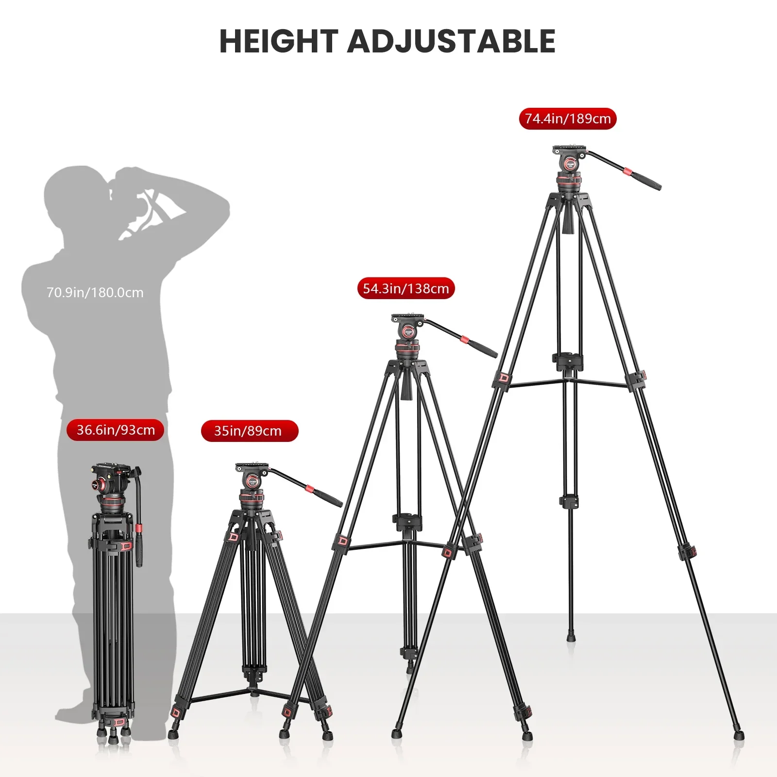 74\'\' Video Tripod Metal Heavy Duty Professional Tripod for Camera Camcorder Fluid Video Head Pan Tilt Damping Max Load 22lb/10kg