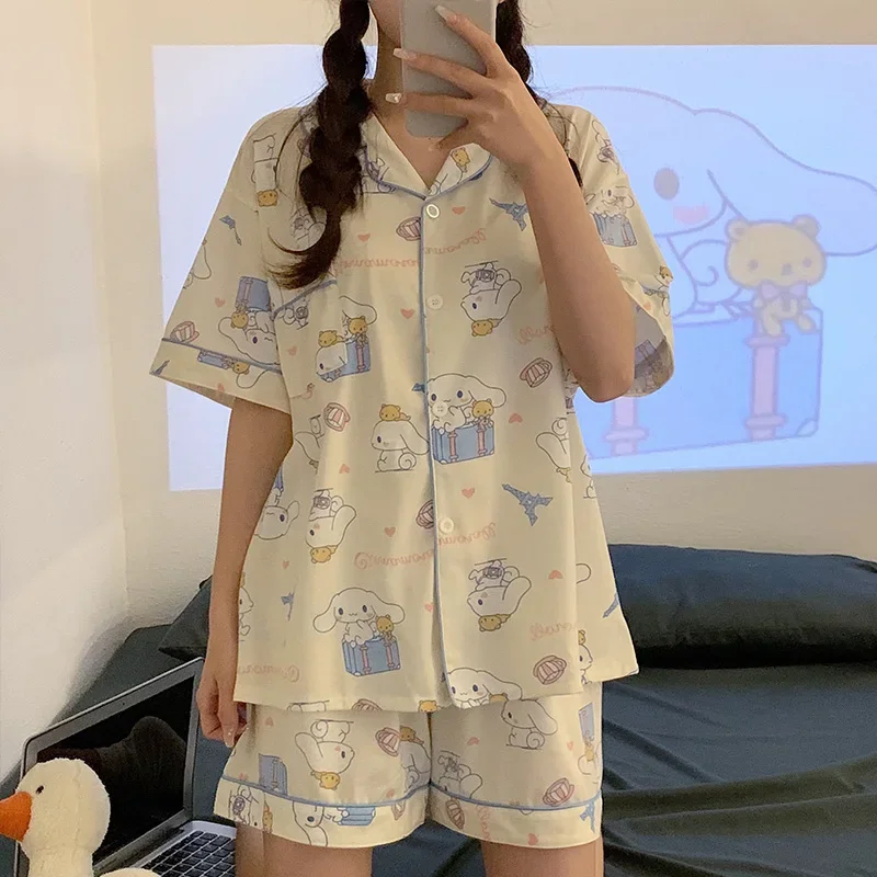 Sanrio Hello Kitty Cinnamoroll Pajamas New Summer T Shirt Shorts 2Pcs Homewear Kawaii Casual Polyester Soft Women Sleepwear Set