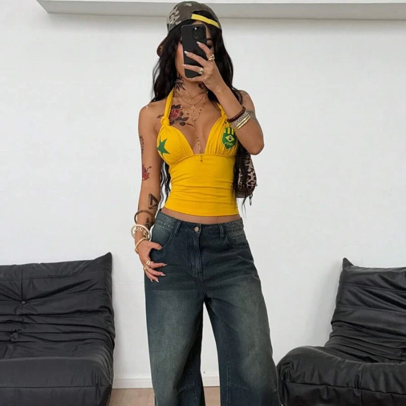 Y2K Summer Dopamine Beach Sports Contrast Printing Vest American Street Hip Hop Casual Backless Sexy Kink Hanging Neck Camisole