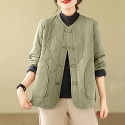 Winter Clothes Women Vintage Simple Casual Thick Warm Quilted Cotton Jacket Solid Round Neck Long Sleeve Loose Pocket Outerwears