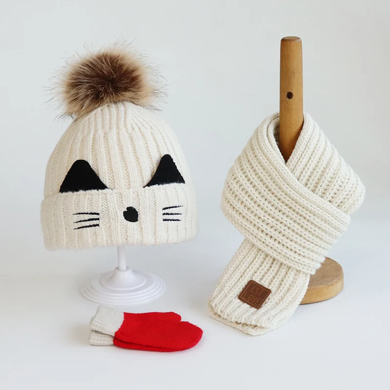 Chapeau en peluche trois pièces pour enfants, écharpe, gants automne/hiver, costume pour garçons et filles, chapeau tricoté, chaton, chapeau pour