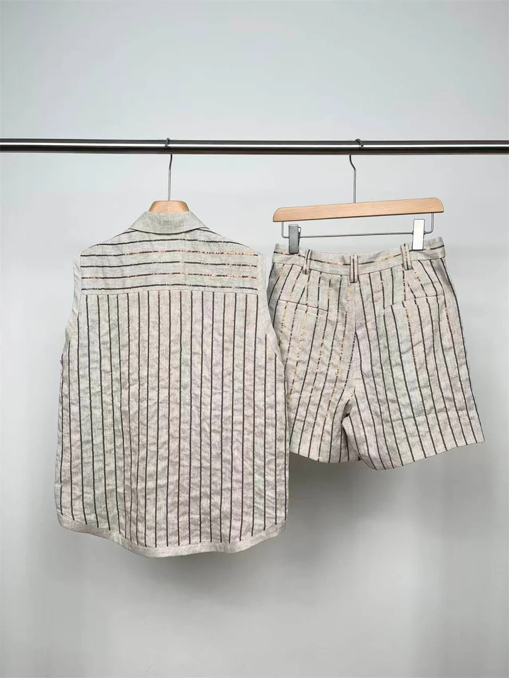 Women's Matching Sets Heavy-Duty Striped Sequined 100 Linen Vest Sleeveless Shirt With Shorts 2 Piece Set view 2