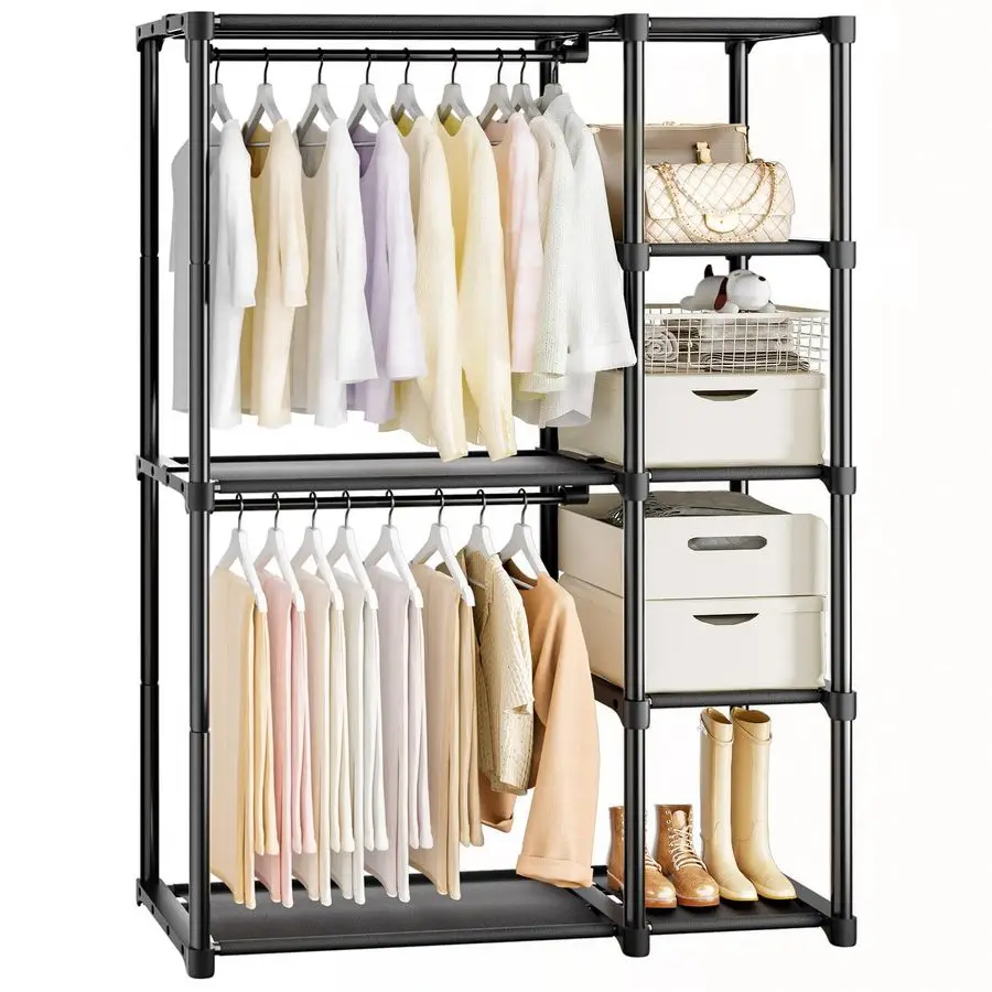 

Портативный 4-уровневый шкаф-гардероб с полками и штангой для вешалок, легко собираемый, для спальни, гардеробной, общежития