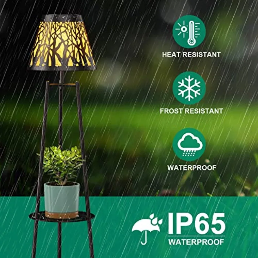2 Pack Outdoor Solar Floor Lamp with Plant Stand Waterproof Metal Garden Lights with 2-Tier Shelves Decorative LED Cordless Pat view 2