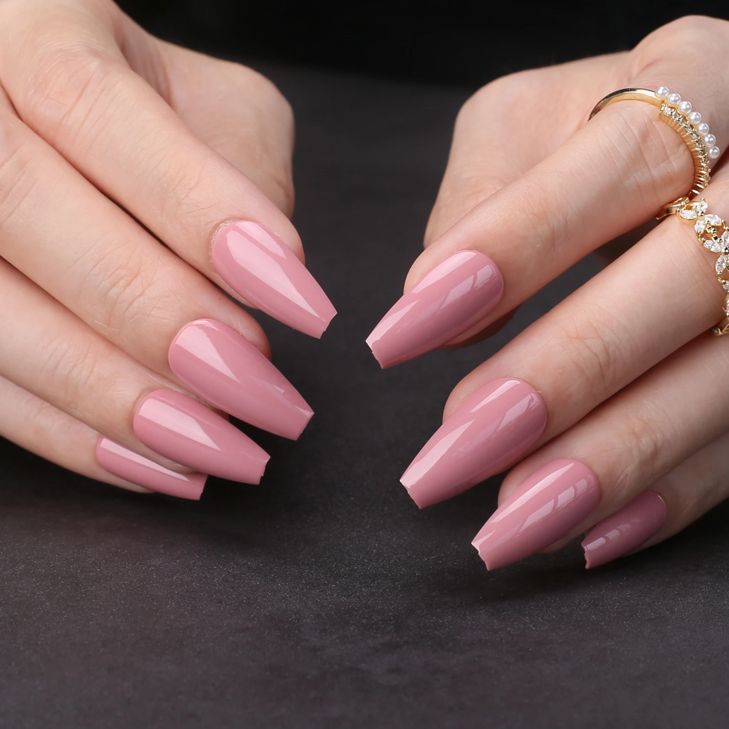 Glossy Pink Medium Length Coffin Gel Press on nails Ballet Mauve Fake nails square nails