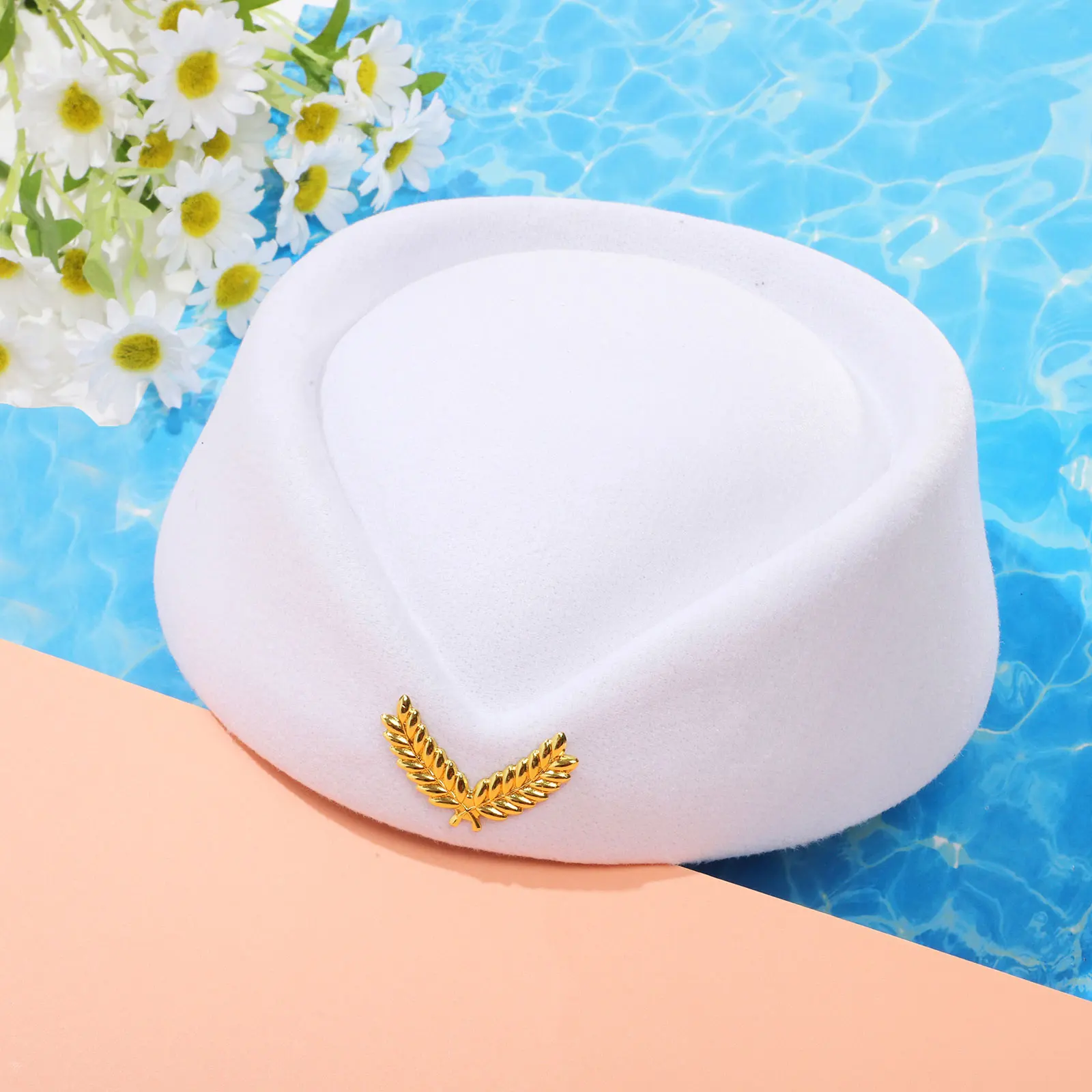 Woolen Felt Hat Stewardess Hat Imitation Gold Ear Wheat Badge Flight Attendant Cap for Cosplay Costume Air Hostesses Beret Hat