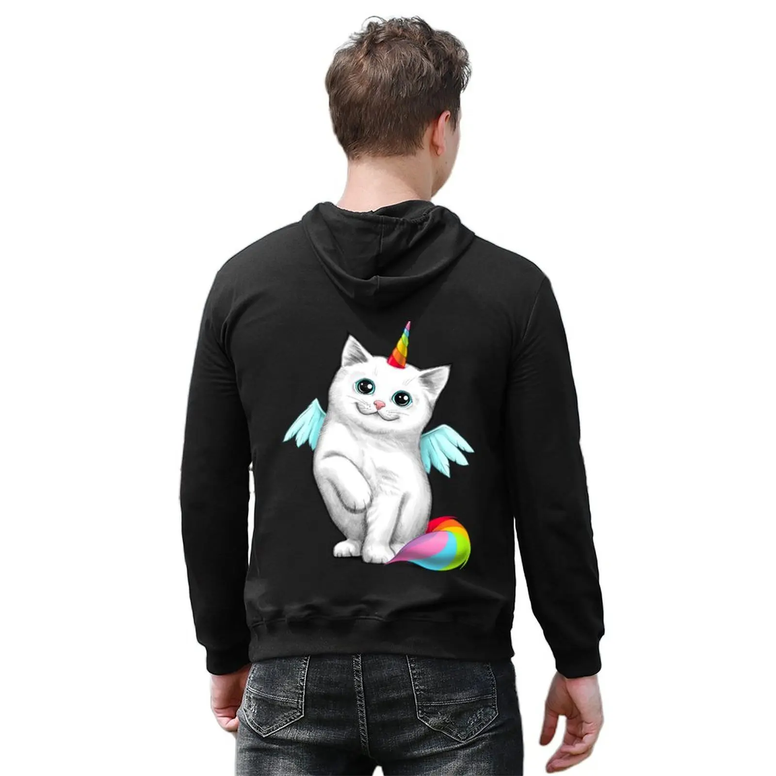 بلوزة بقلنسوة على شكل قطة وحيد القرن ملابس كورية للرجال ملابس رجالية بقلنسوة جرافيك #6