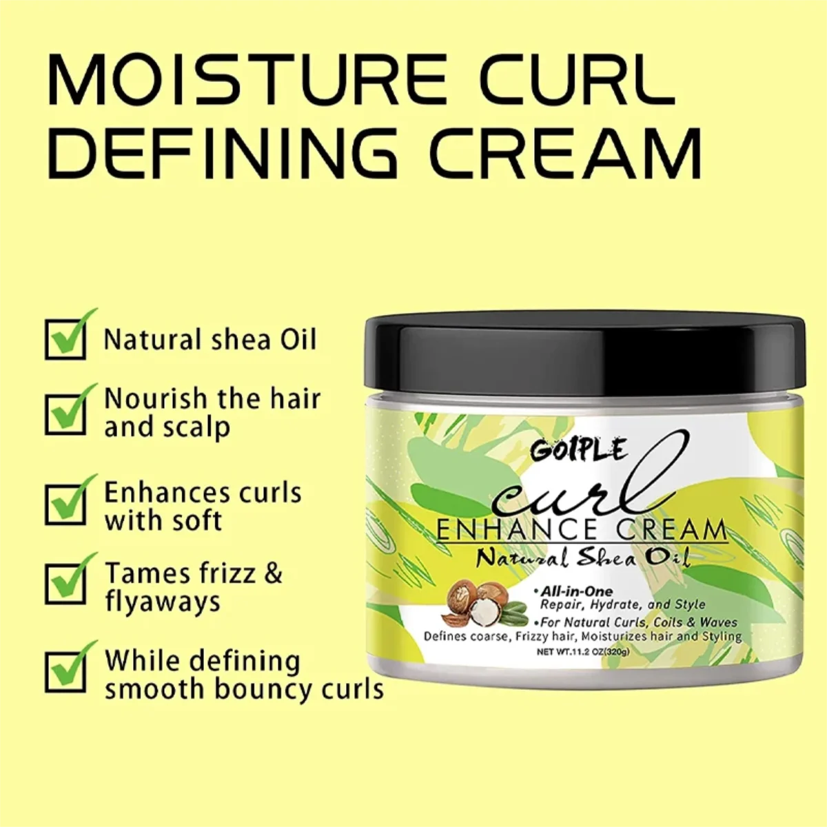GOIPLE 320g Natural Shea Oil Curl Enhance Cream with Coconut Oil Moisturizer Define Curling Repair Hydrate Styling Curly Product