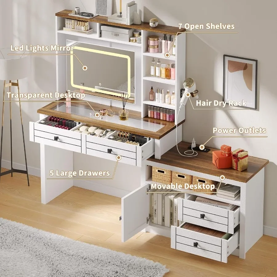 GarveeHome Makeup Vanity, 5-Drawer Dressing Table with Power Outlet