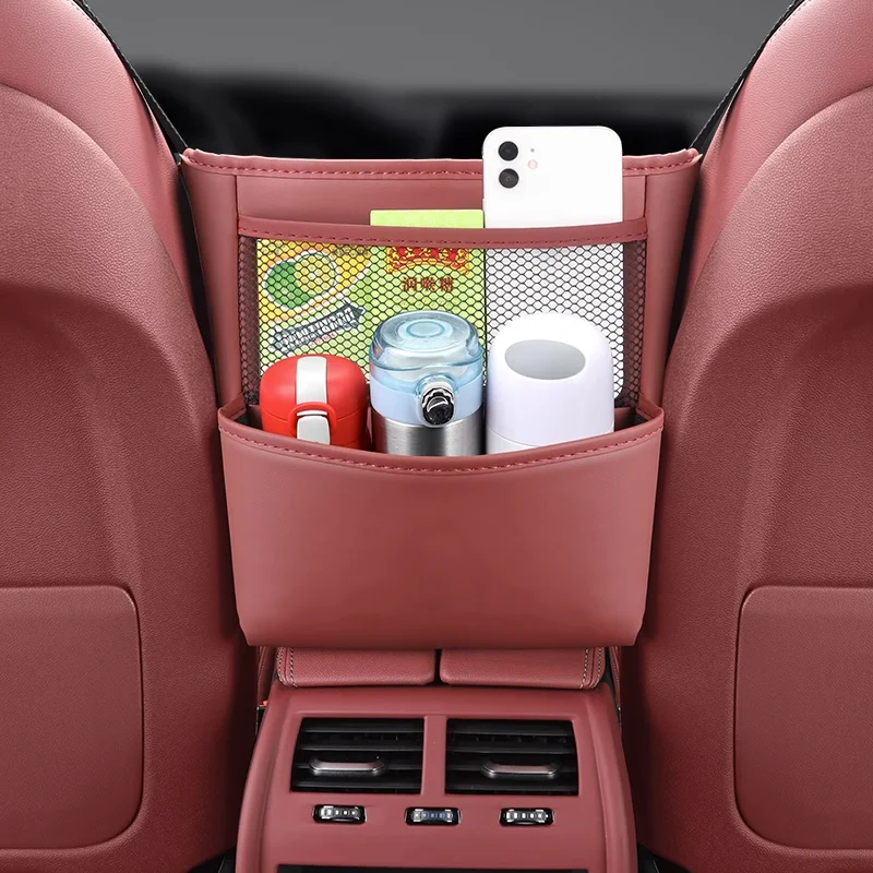 Car Seat Middle Storage Bag PU Leather Car Armrest Hanging Organizer Multifunction Handbag Holder Net Pocket Cup Tissue Storage