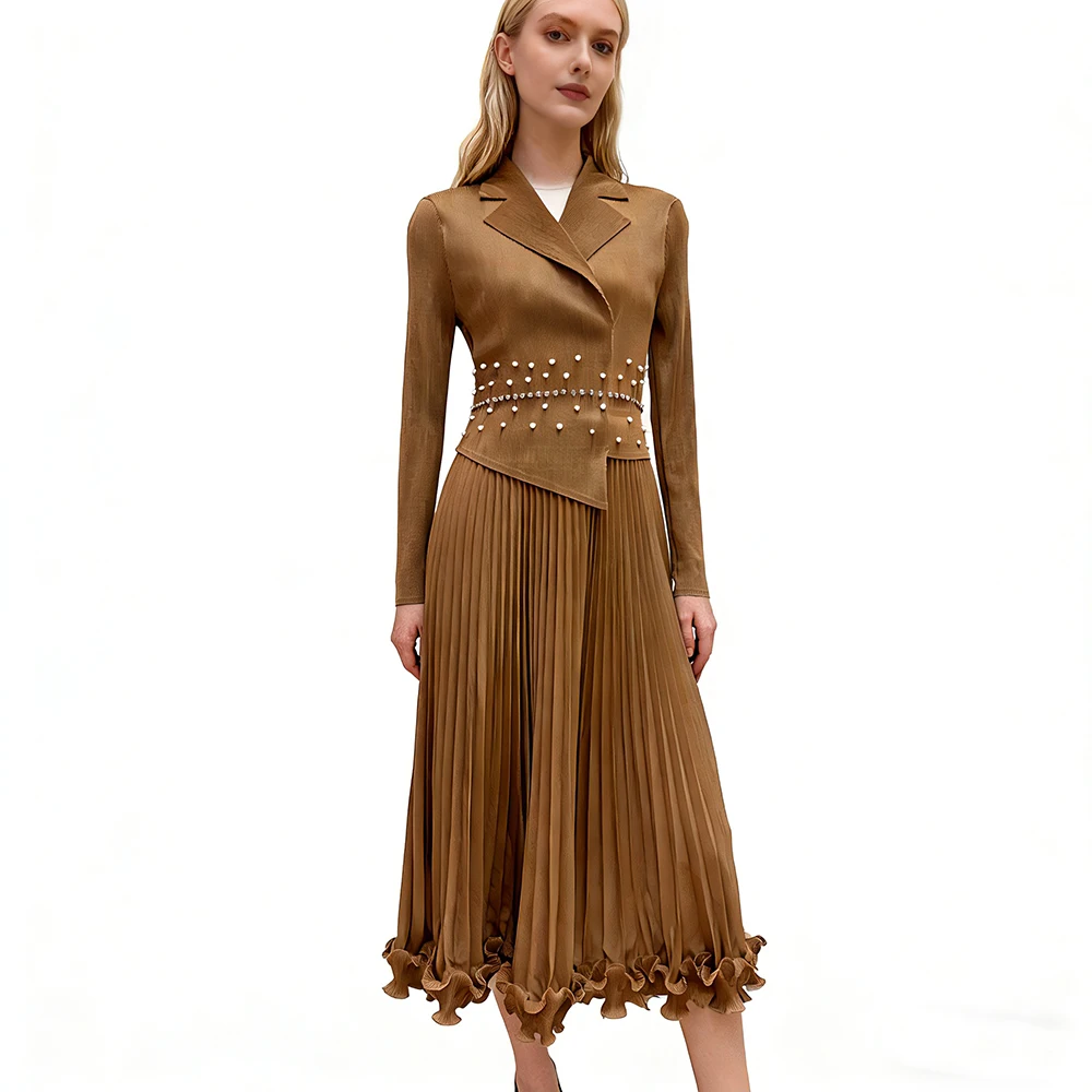 

Slimming High Waist Southeast Asian Cross Stitched Beaded Suit Collar Wooden Pleated Skirt Women's Dress Ethnic Style