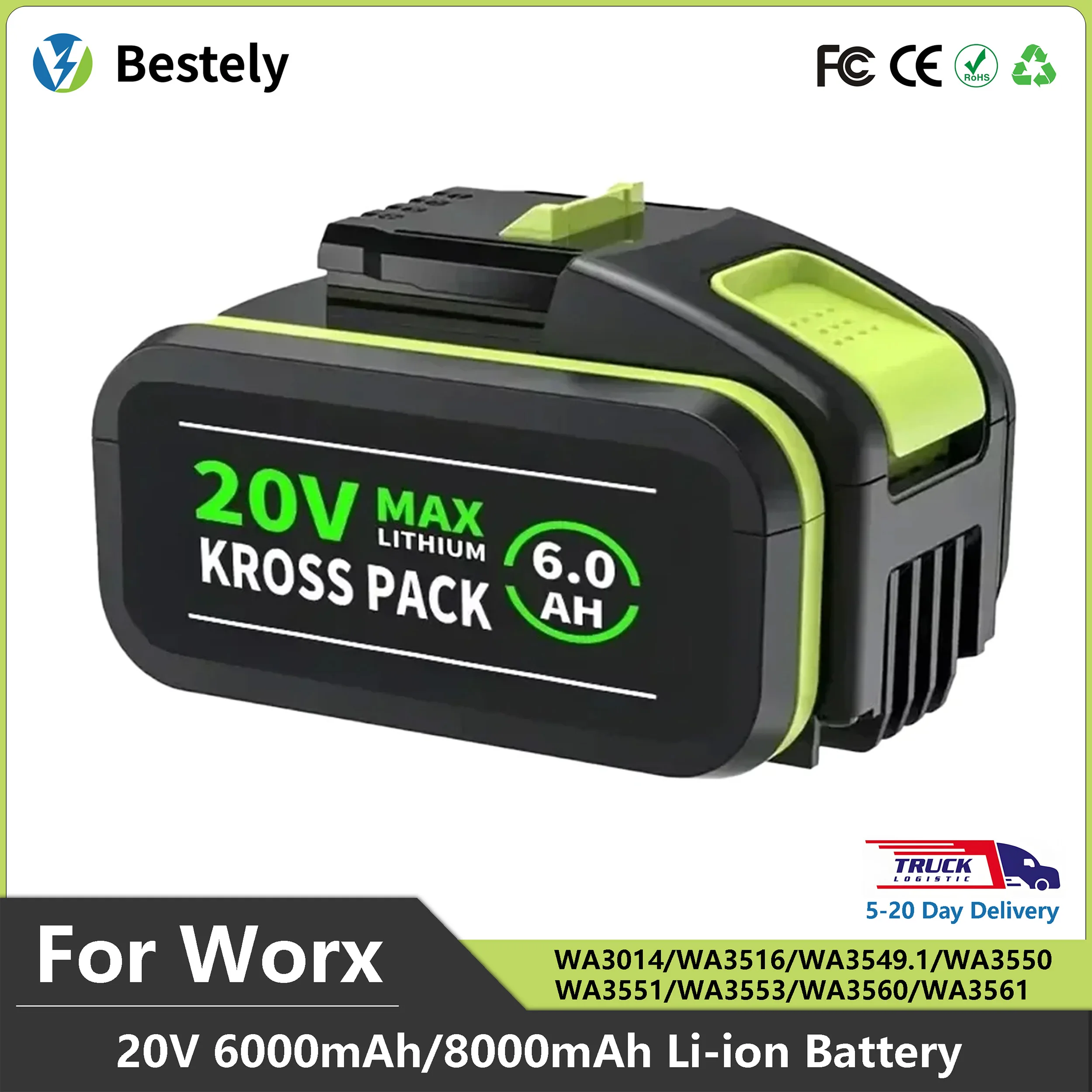 

For Worx WA3551 20v 8000mAh Li-ion Battery Cordless Power Tool Battery WA3553 WA3572 WX390 WX176 WX178 WU268 Spare Battery