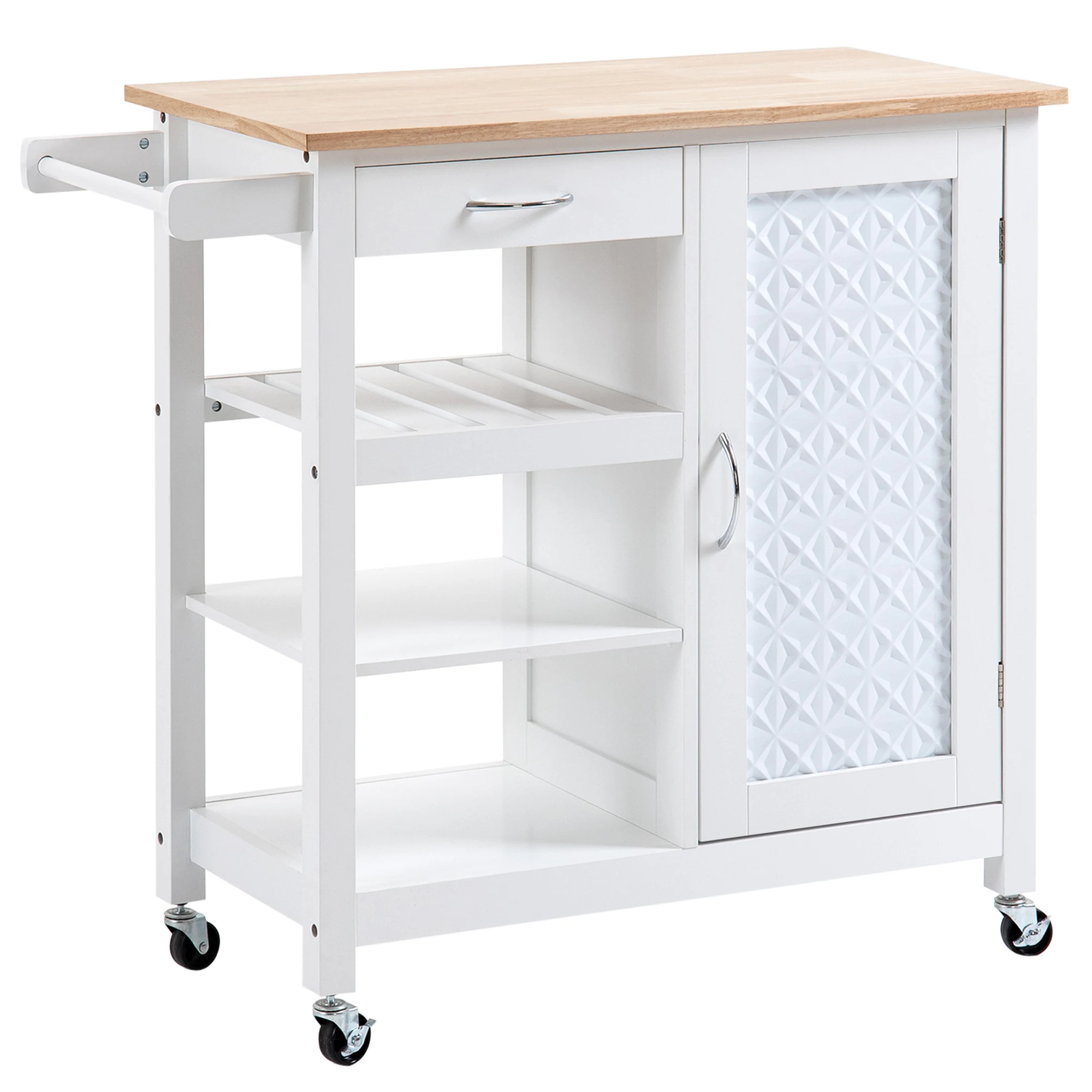 HOMCOM Kitchen Trolley with Wheels Drawer Service Cart Adjustable Indoor Ballad Cabinet and 3 Open Shelves for Dining Restaurant 92x40x84 cm White