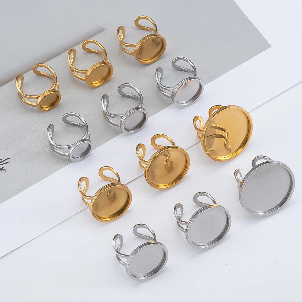 4pcs 10-25mm Round Ring Blank Tray Stainless Steel Adjustable Open Finger Ring Setting Cabochon Base Bezel for DIY Jewelry Makin