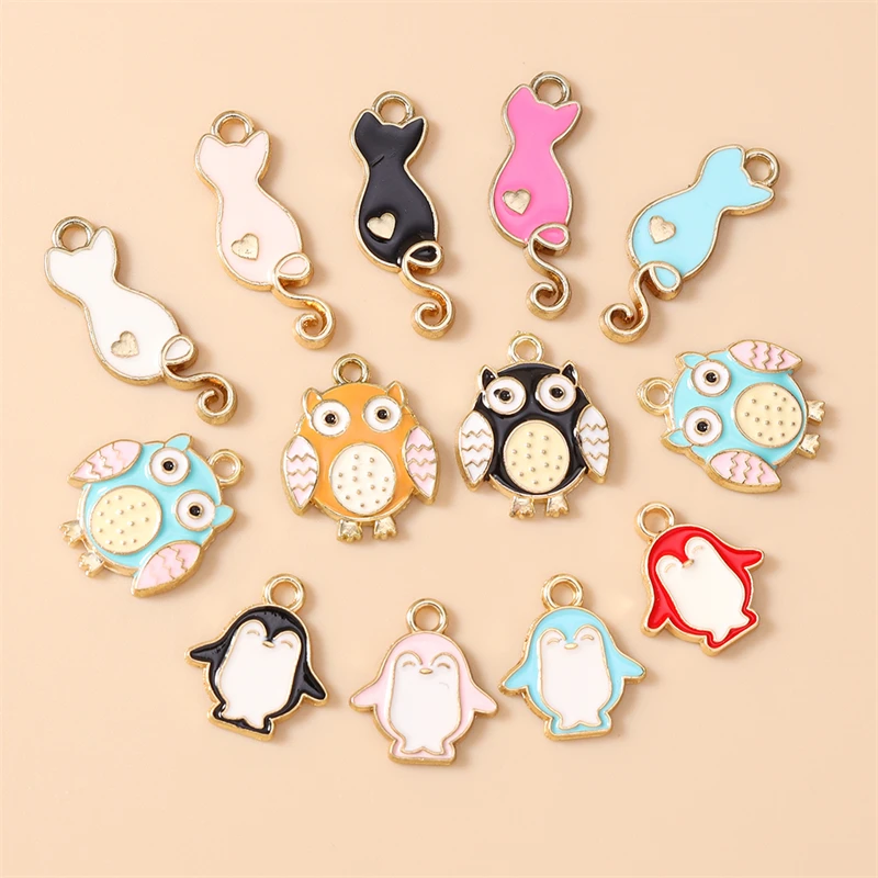 10 Stück niedliche, gemischte Emaille-Anhänger in Tierform (Katze, Eule, Pinguin) für die Schmuckherstellung, Halsketten, Ohrringe, Armbänder, DIY-Bastelbedarf – Detail 3