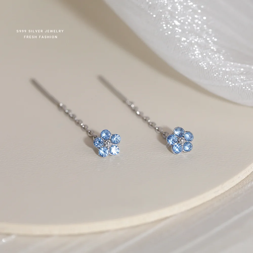 S999 Sterling Silver Blue Zircon Flower Tassel Earrings for Women Long Shiny Sweet Korean Simple Versatile Earrings - Image 5