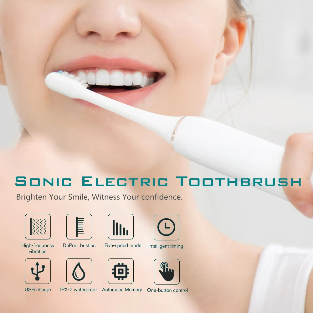 Escova de dentes eléctrica sónica para adultos e crianças, automática, recarregável, com 4 cabeças substitutas, ipx7