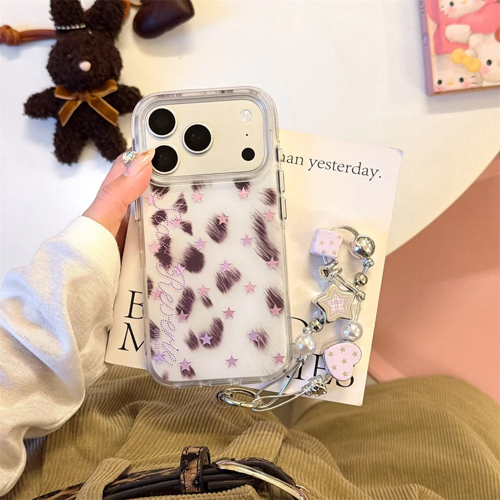 New Korea Ins Cartoon Leopard Stars Phone Case For iPhone 18 Pro max 17 16 15 14 13 Cases Protective Cover Cute with Chain Funda