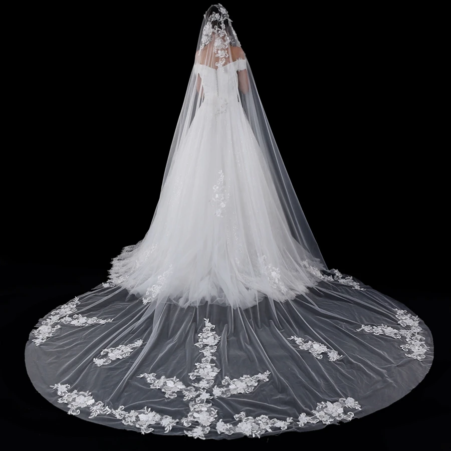 New Arrival Cathedral Wedding veil Lace Appliques White Ivory Bride veils for women wedding accessories Welon Bridal veil noiva