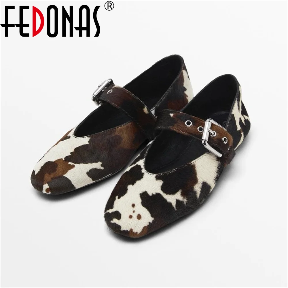 FEDONAS 2025 New Horsehair Mary Jane Flats Shoes Woman Buckles Round Toe loafers Casual Daily Flats Shoes Big Size