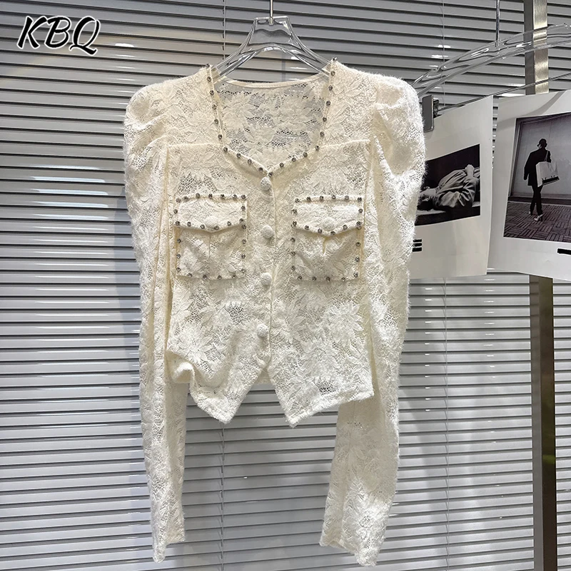 

KBQ Solid Spliced Pearl Loose Jackets for Women Square Collar Long Sleeve Patchwork Pockets Chic Coat Female Fashion Style New