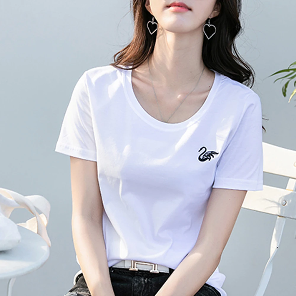 Silk cotton T-shirt women's 80 count double-sided pure cotton short sleeved versatile basic embroidered swan short sleeved shirt