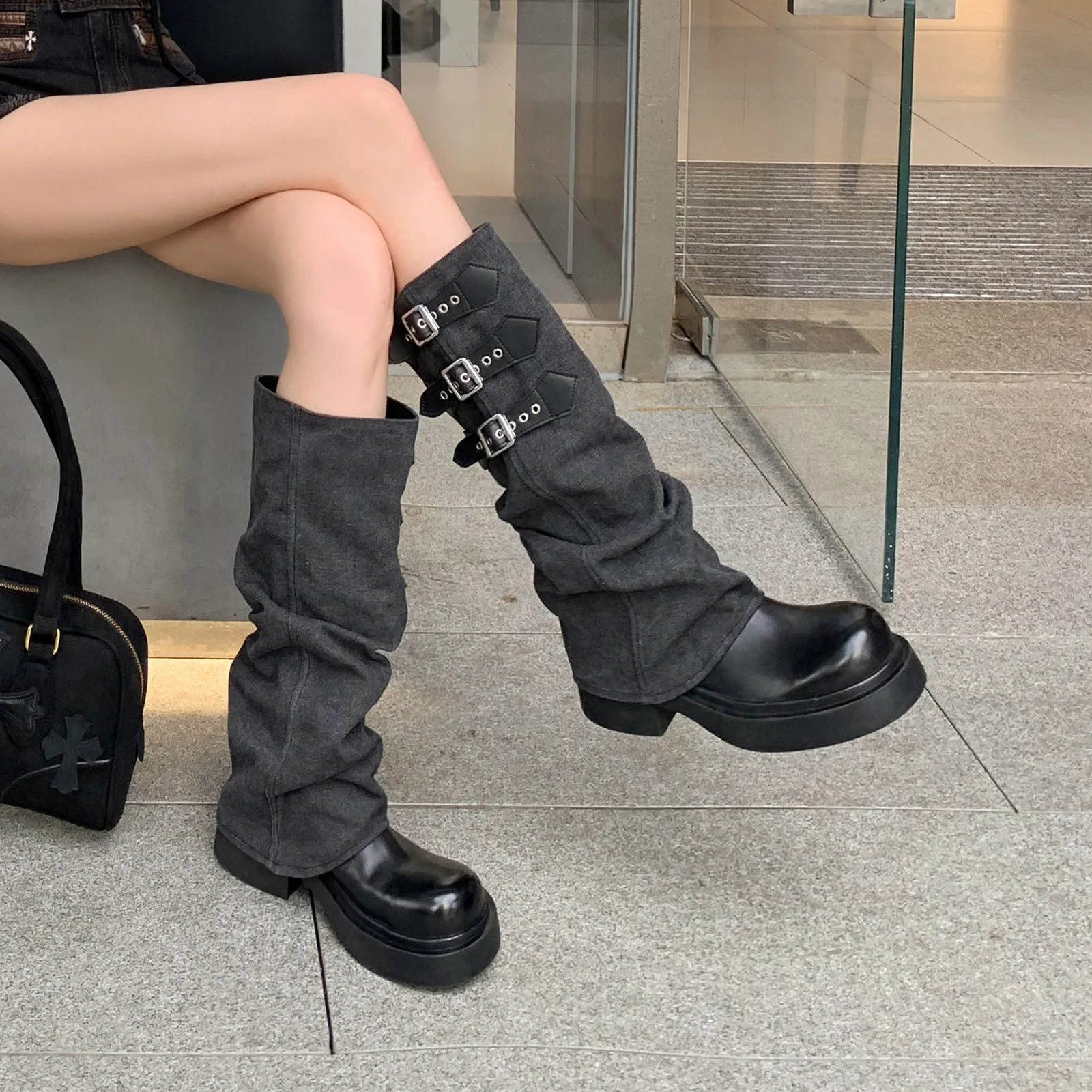 Arden Furtado Cowhide Platform Trouser legs boots Round toe Pull-on Turned-over Edge Middle heel Belt buckle Knee high boots