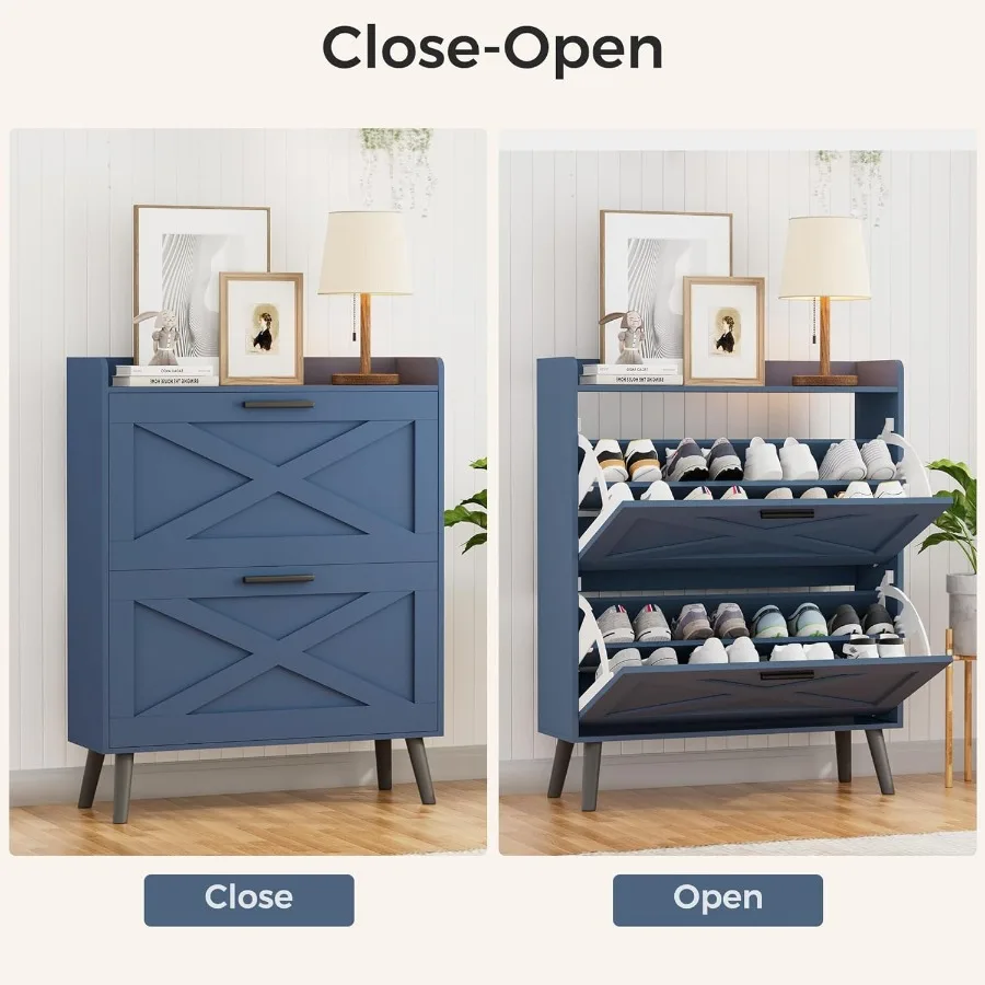 خزانة تخزين أحذية المزرعة بقدرة 32 وات مع درجين قابلين للطي وتصميم باب الحظيرة وأرفف قابلة للتعديل حذاء ضيق ونحيف مخفي حديث