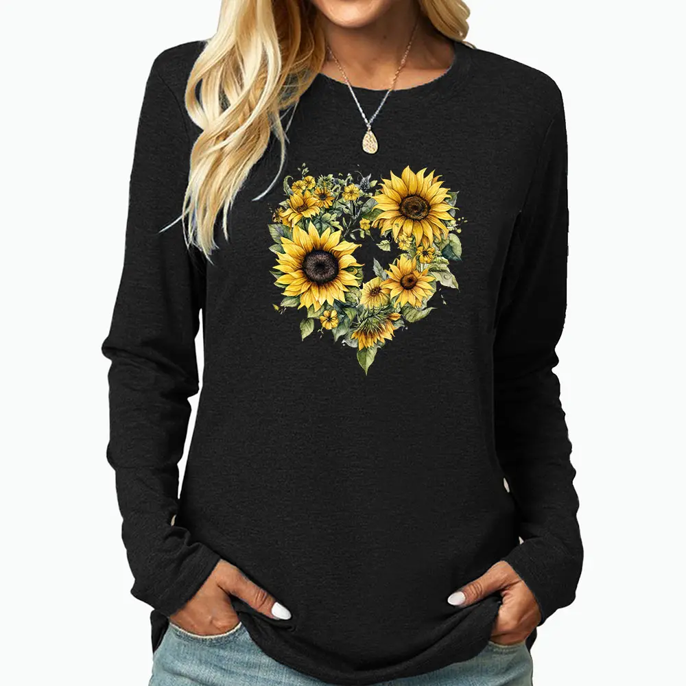 

Women Casual Heart Shaped Chrysanthemum Printing Long Sleeve T-Shirts Round Neck Y2K Female Slim Fit Base Tees Tops Casual